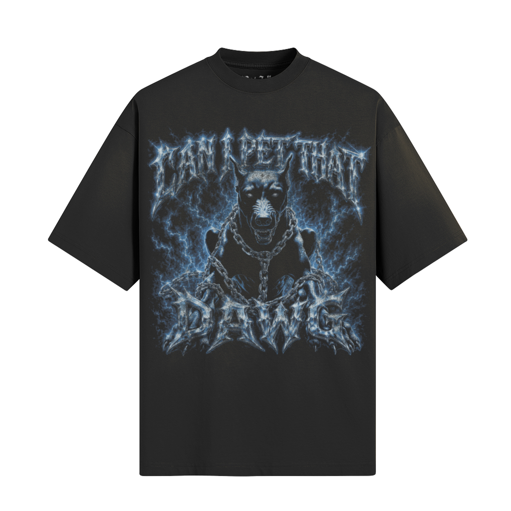 Black graphic tee with “Can I Pet That Dawg” front artwork in electric green horror lettering.