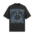 Black graphic tee with “Can I Pet That Dawg” front artwork in electric green horror lettering.