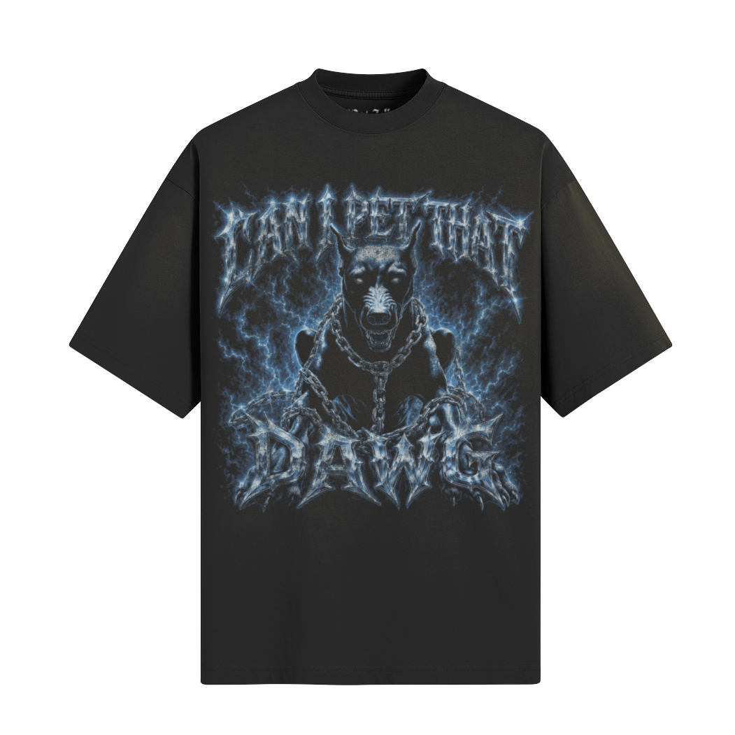 Black graphic tee with “Can I Pet That Dawg” front artwork in electric green horror lettering.