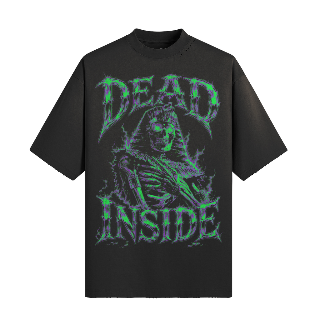 Black graphic tee with “Dead Inside” chrome horror lettering.