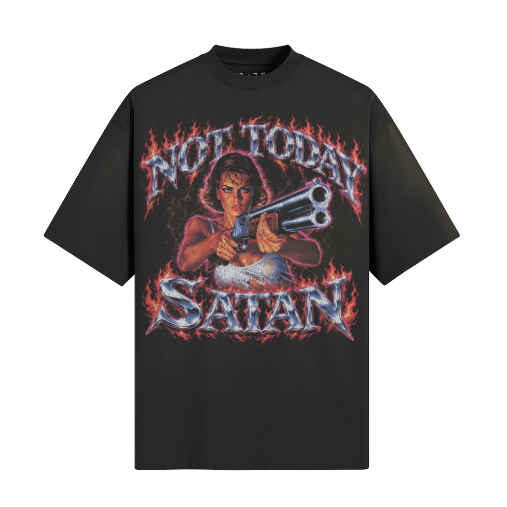 Black graphic tee with “Not Today Satan” chrome horror artwork.
