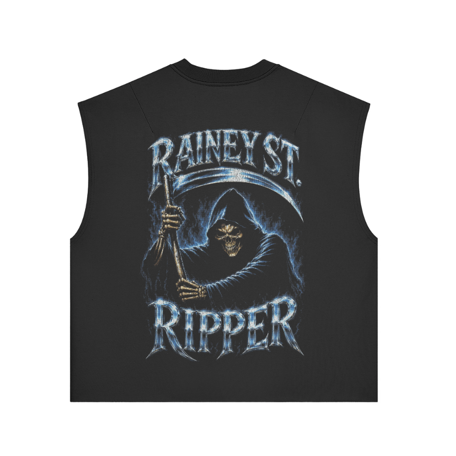 A black sleeveless tank top featuring a large graphic print of a grim reaper holding a scythe, with the text 'RAINEY ST. RIPPER' in a metallic blue and silver font.